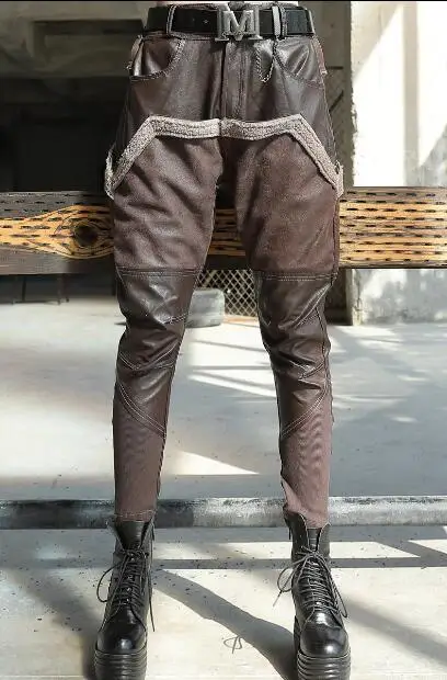 2020 winter women's new suede wash leather stitching harem pants trousers feet pants leather pants tide