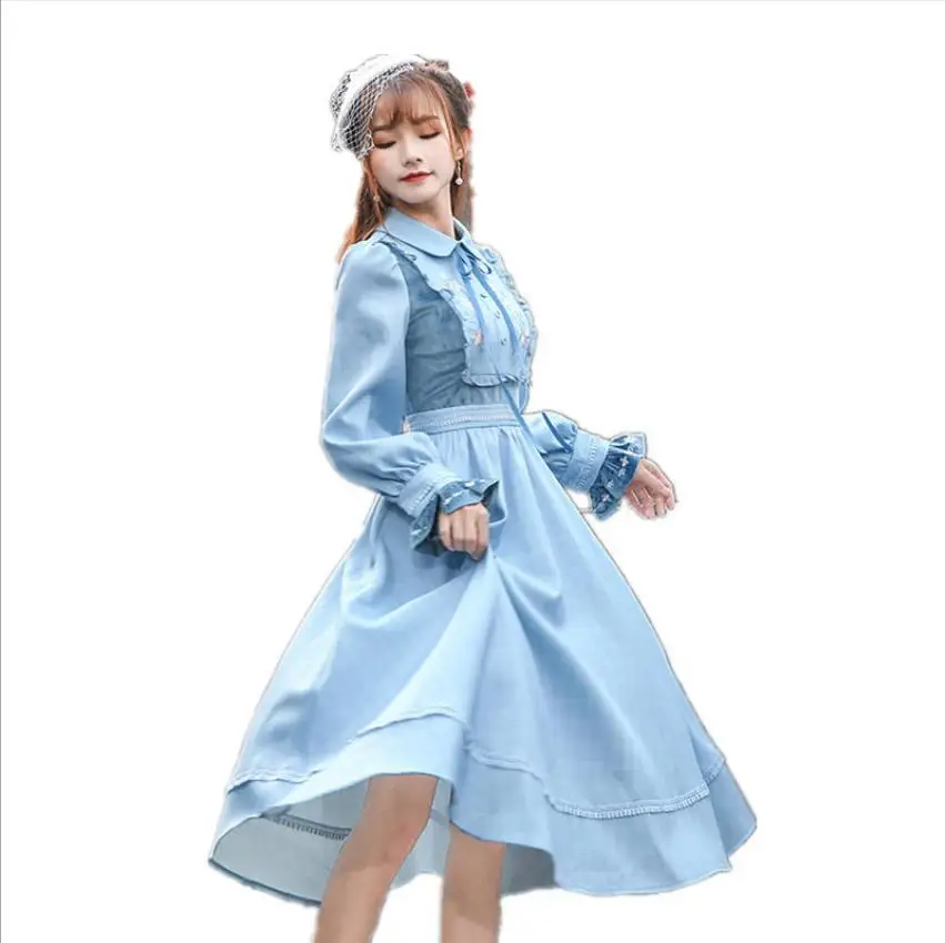 light blue Модное Брендовое ретро платье с оборками и вышивкой, женское платье с высокой талией в студенческом стиле, платье с расклешенными рукавами клетчатый wq965, Прямая поставка - Цвет: light blue