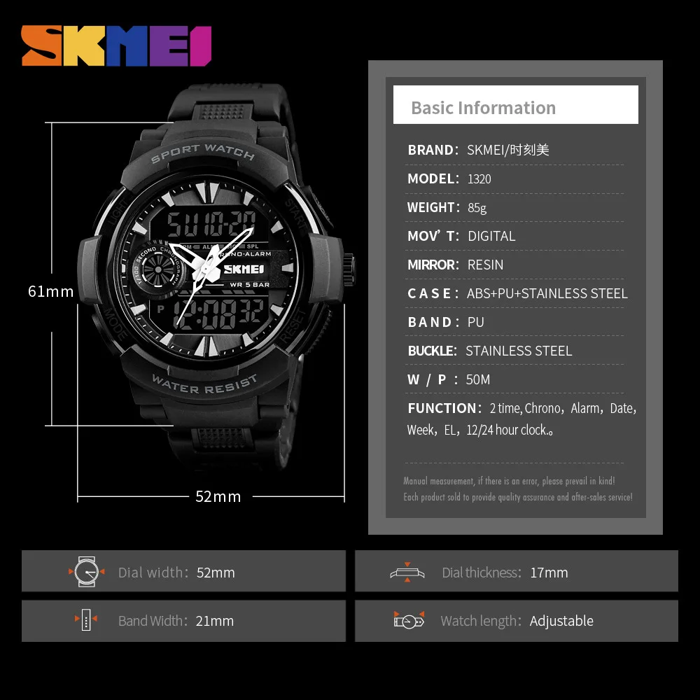 SKMEI 1320 цифровой 2 раз подсветкой Наручные часы хронограф жизнь Водонепроницаемый часы Для мужчин Для женщин Fshion Повседневное браслет
