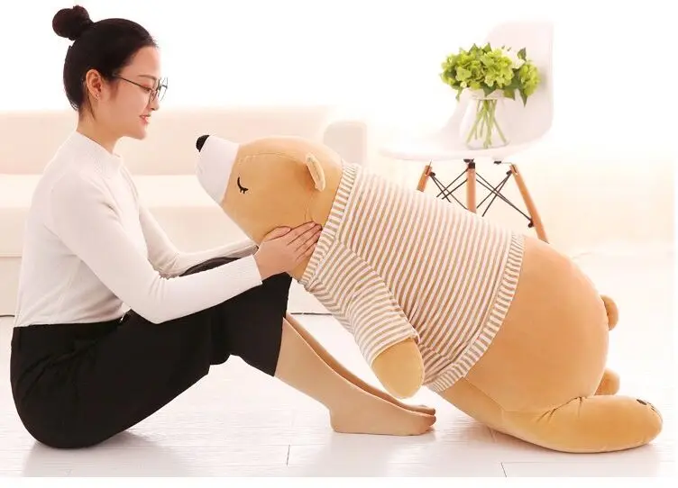 huge 110cm cartoon prone brown polar bear plush toy dressed stripes clothes soft doll throw pillow birthday gift b0479 | Игрушки и хобби