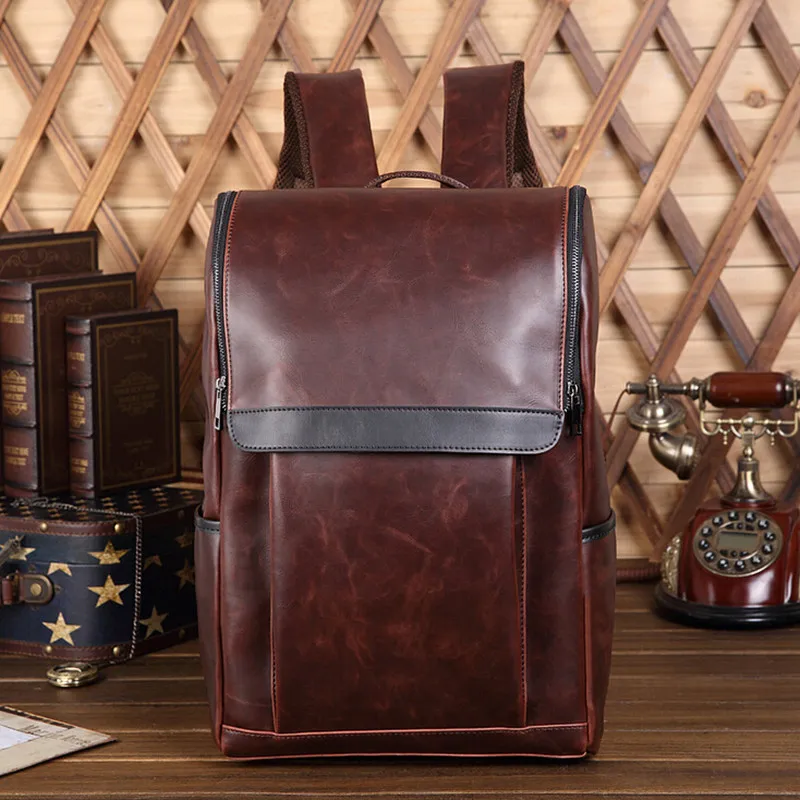 

14 Inch Laptop Bag Backpack Men Leather Men's Solid Brown Unisex Women Preppy Style School Bags for Teenagers Bagpack Mochila