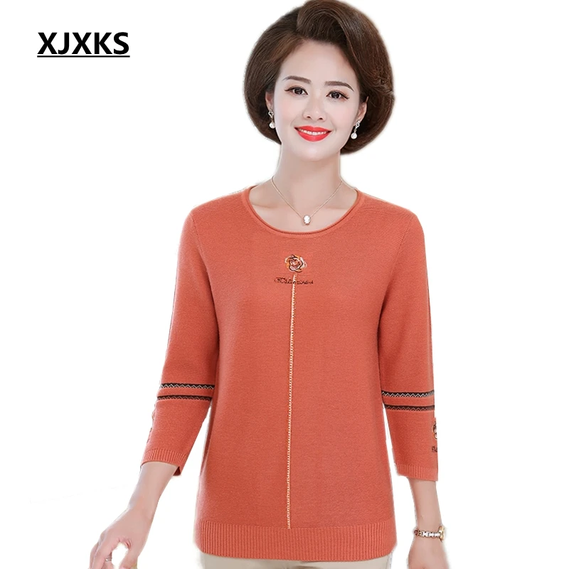 

XJXKS Autumn Seven-point Sleeve Embroidery Round Neck Knit Sweater Women Pullover Thin Section Casual Fashion Sweaters