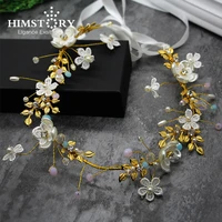 himstory handmade pearl bridal gold wedding headband tiaras shell flower lace hair accessoy elegant headpiece hairwear
