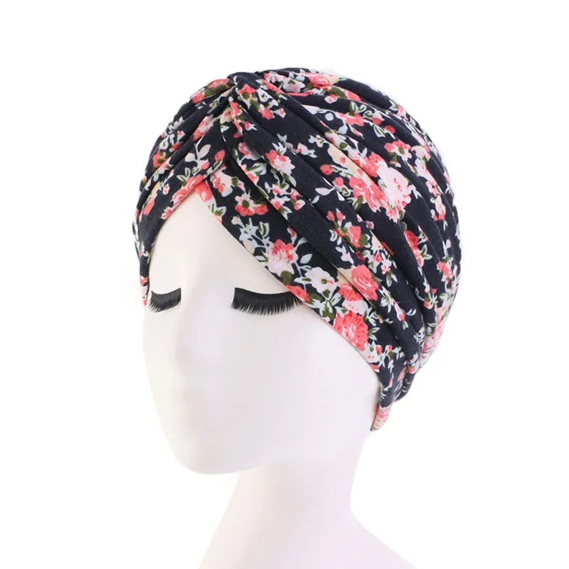 Flower Black Мусульманские женщины хлопок рябь печати тюрбан для сна шляпа Головной убор шапочка при химиотерапии шапки-повязки для раковых выпадения волос крышка - Цвет: Flower Black