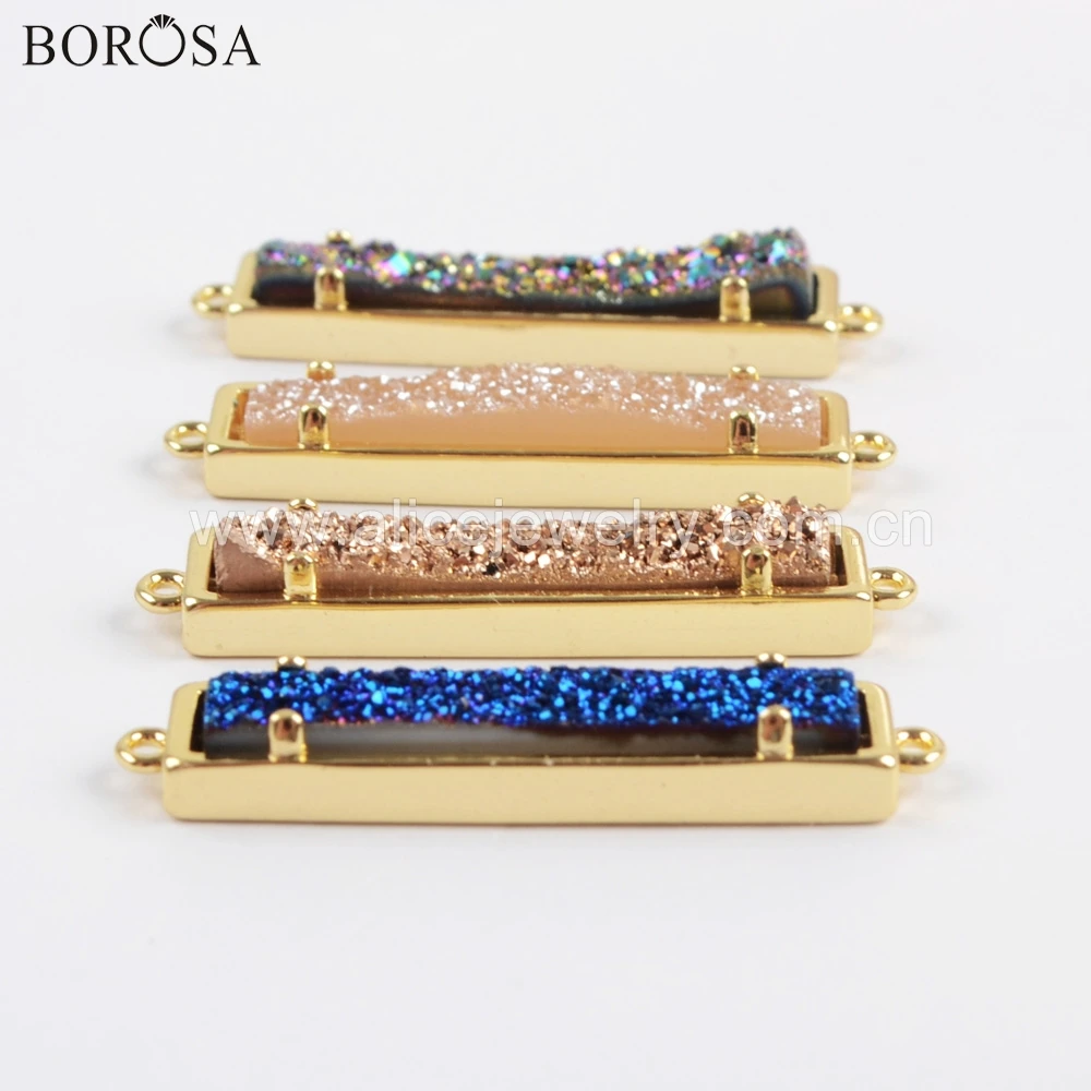BOROSA 5 шт. золотой ободок коготь прямоугольник натуральный Агаты Титан Радужная Друза коннектор друзовый двойные подвески для ожерелья ZG0405