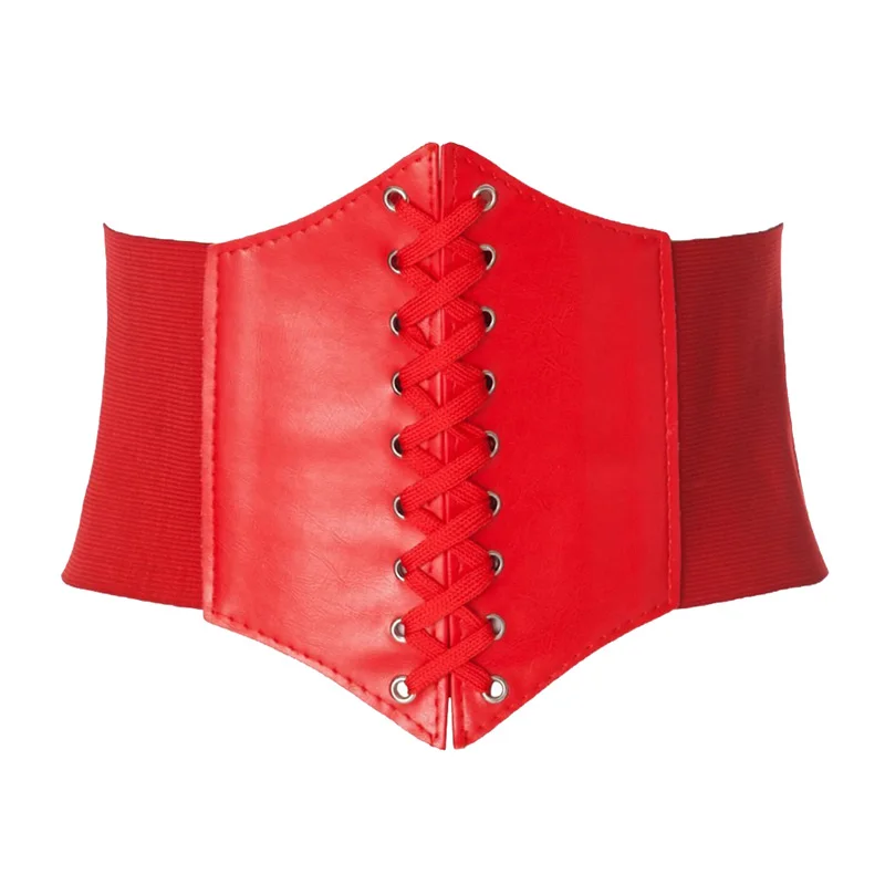 Красный Sexy Women Corset Belt PU Leather Splice Lace-Up Elastic Cincher Wide Waistband Waist Strap Harajuku Accessories Wide Belts Lady - Цвет: Красный