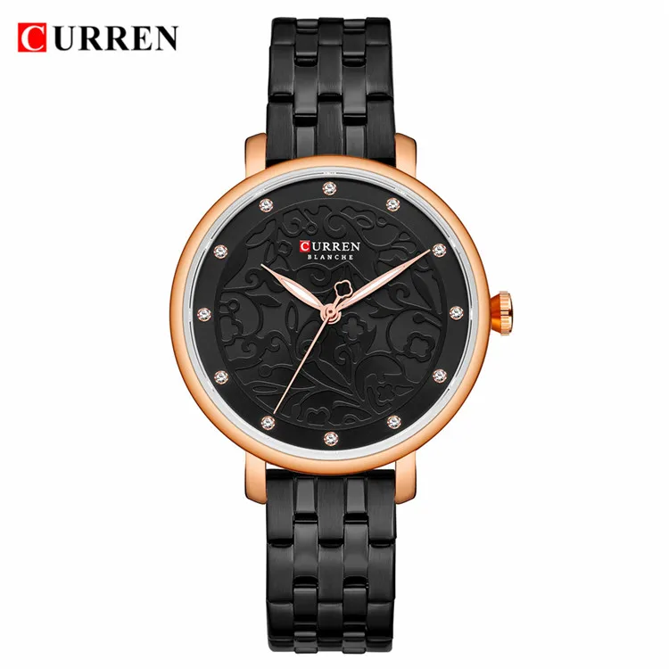 Black Японские кварцевые женские часы CURREN, высокое качество,, повседневные часы с кожаным ремешком, 3D креативный циферблат, водонепроницаемые женские часы - Цвет: Black