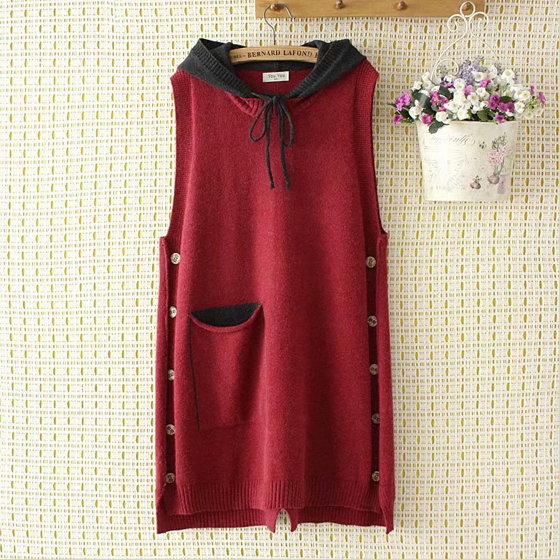 Модная Женская Весенняя Осенняя Новинка 2xl-4xl Корейская версия свободного вязаного пуловера жилет средней длины с карманом с капюшоном свитер жилет женский