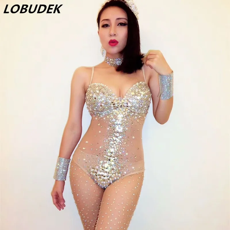 Female Sparkly stones bodysuit Sexy see-through Crystals Bodysuit Catsuit Nightclub DJ singer Bar Costumes Dance outfits sparkly crystals jumpsuit sexy long multi colored tassel rhinestone bodysuit women nightclub outfit singer stage dance costumes