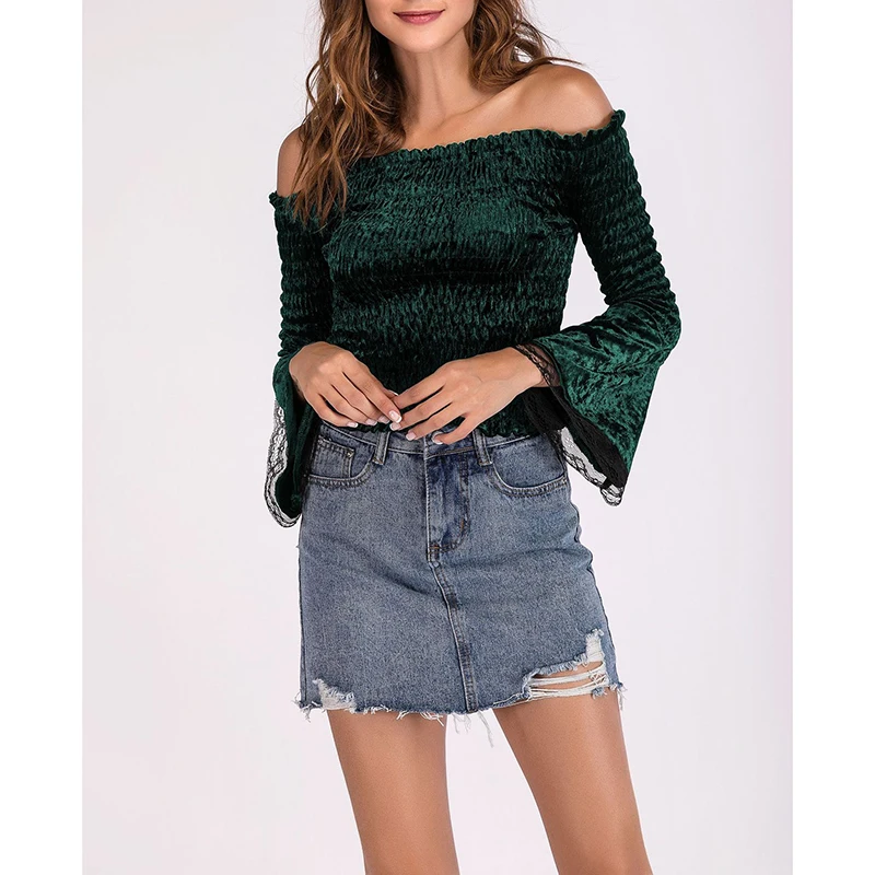 Women Velvet Lace Blouse Spring Off Shoulder Long Sleeve Slim Shirt Casual Solid Ladies Blusas Tops Female SJ764S |