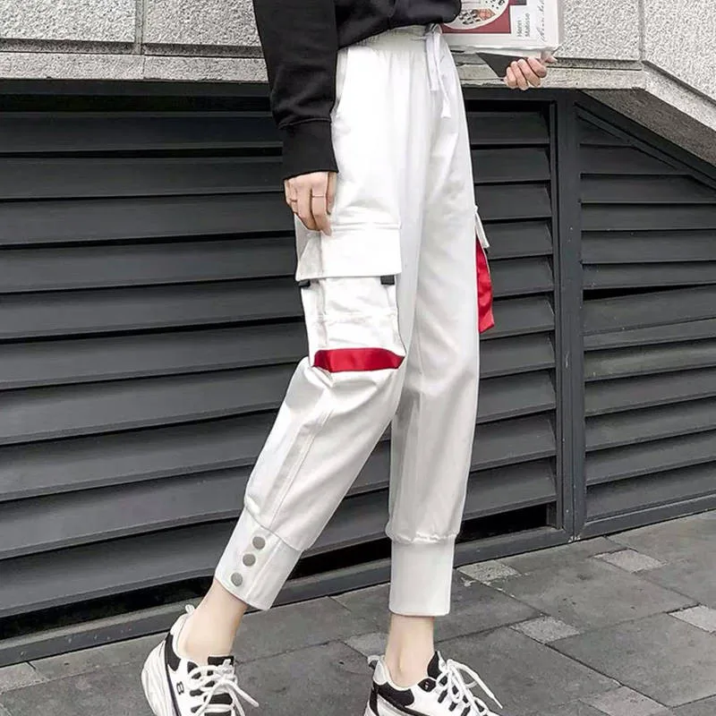 

Hip Hop Cargo Pants Women Harajuku Punk Casual Pants Capris Elastic High Waist Trousers Female Black High Street Sweatpants