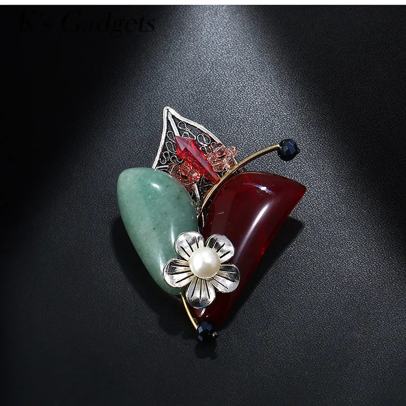 K's Gadgets Red green Brooches Natural Stone Vintage Safety Pin Jewelry Pearl Crystal Bead Flower Brooch For Women |