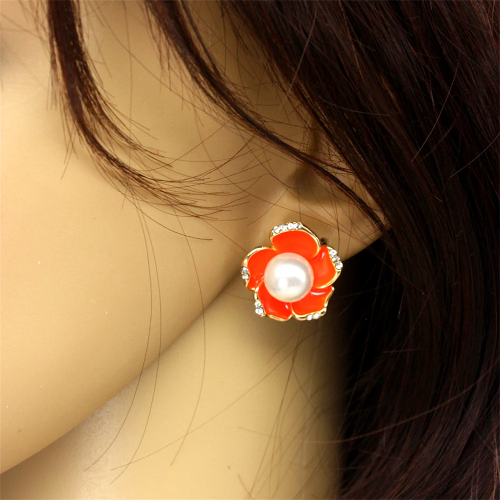 Большой Имитация жемчуга Les Эмаль серьги желтый цветок Ясно Кристалл Rhinestone