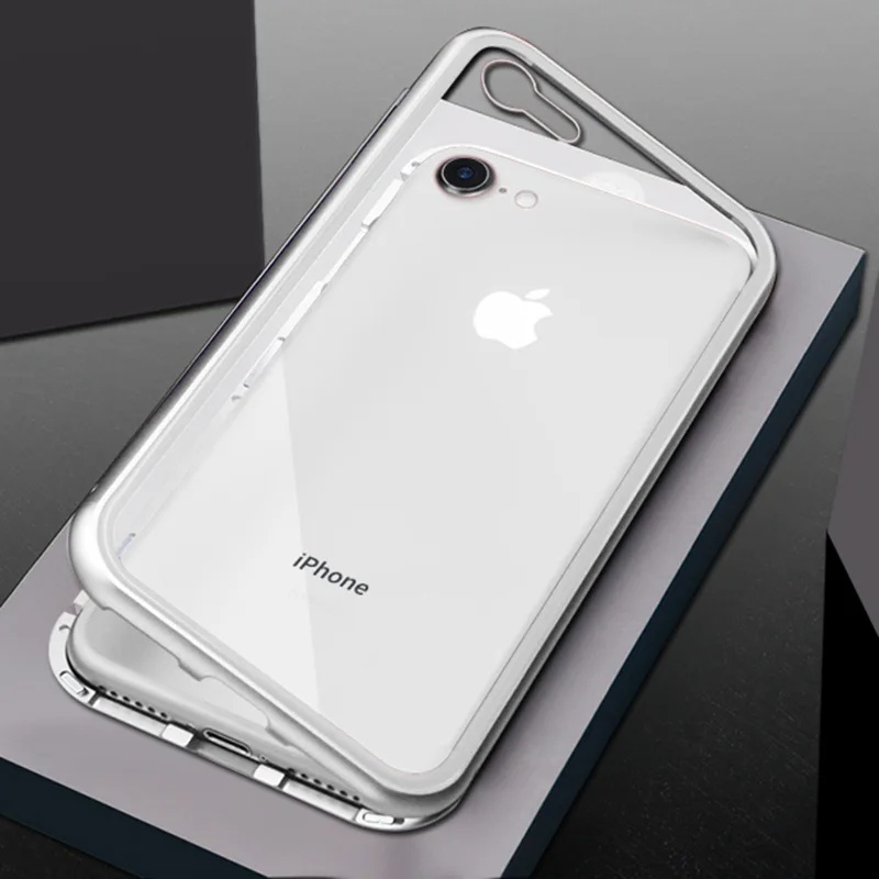 Магнитный адсорбционный металлический чехол для iphone XR Xs MAX X 10 8 8plus 7 7plus 6 6s Plus закаленное стекло задняя крышка магнит бампер Coque - Цвет: Silver Clear