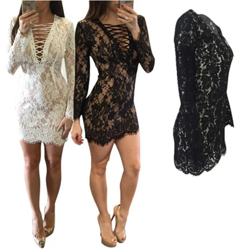 

Best-selling Lace-up Deep V-neck Long Sleeve Slim Lace Dress Solid Color Bodycon Sexy Dress Nightclub Short Dress Vestidos 2023