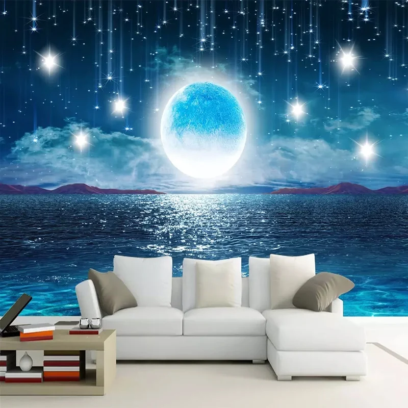 

Water Moonlight Beautiful Night Starry Moon Landscape Wallpaper Bedroom Living Room TV Background Wall Cloth Home Decor 3D Mural