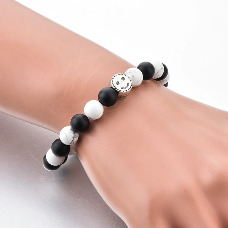 Женские браслеты из натурального камня LongWay DIY Charms Smile эластичные белого и черного