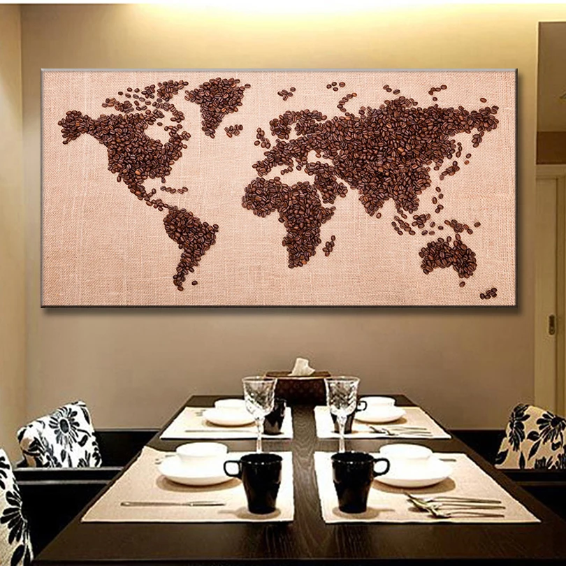 1 шт./компл. огромная картина Карта мира холст печать коричневый кофе бобы