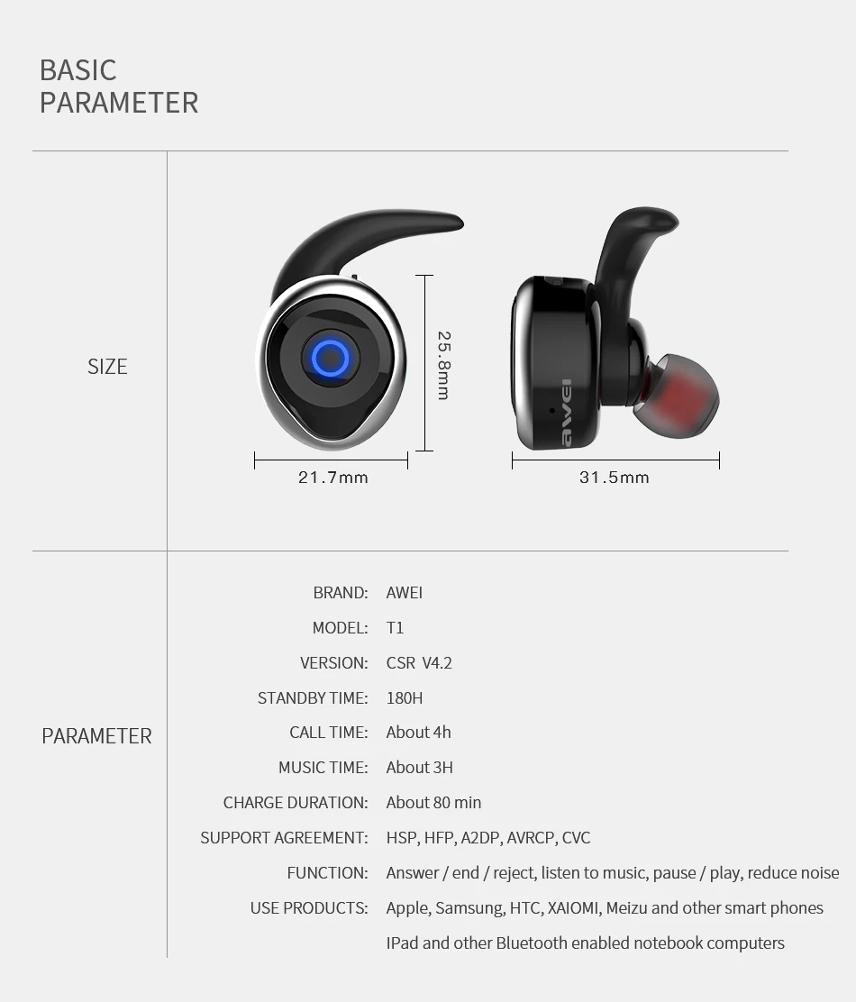 AWEI T1 TWS Bluetooth наушники настоящие Беспроводные наушники с микрофоном стерео мини гарнитура для телефона с микрофоном