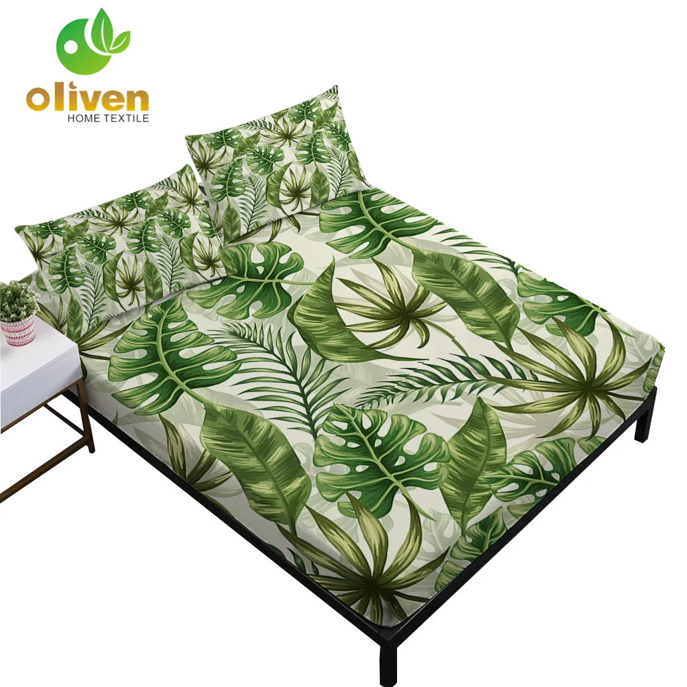 

Tropical Green Plant Sheets Set Flamingo Flowers Print Fitted Sheet Leaves Painted Bed Linens Pillowcase Bedding Set D35