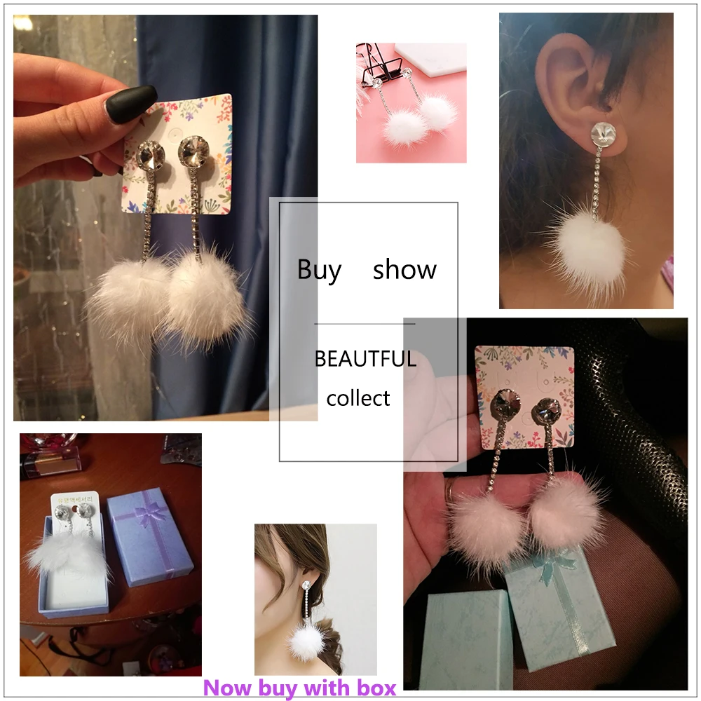 Женские серьги гвоздики с кристаллами длинные модные из меха норки имитацией