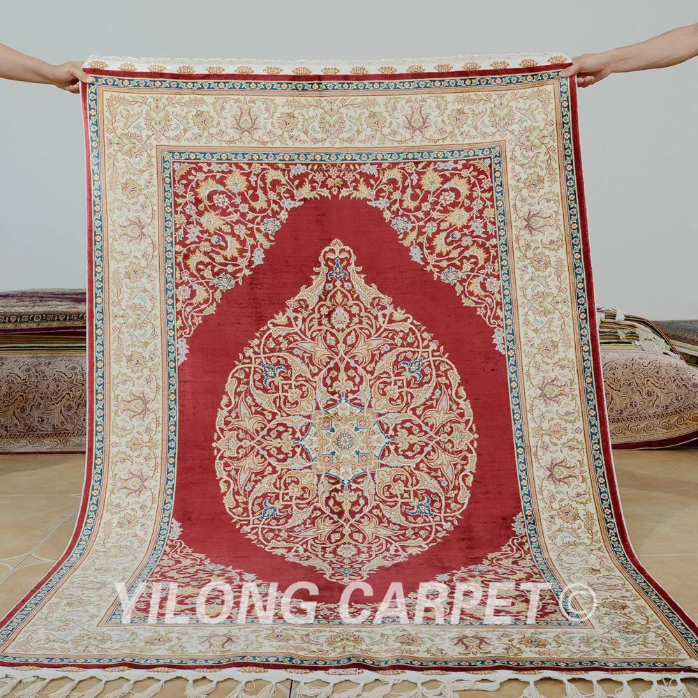 Yilong 4' x 6' Кум ковер традиционный Тебриз красный ковёр искусственный шелк
