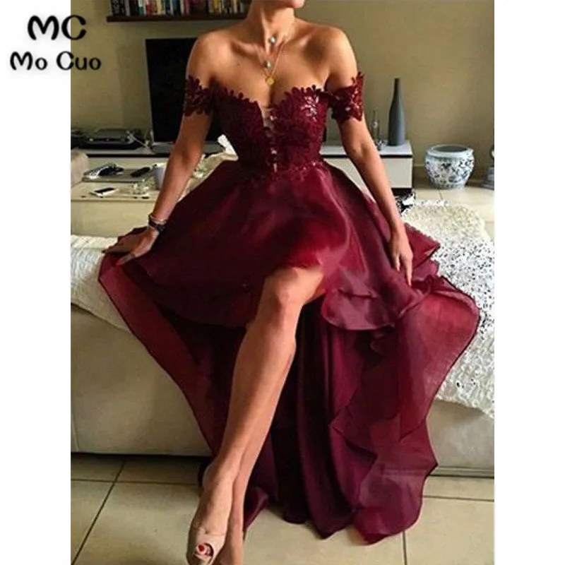 Бордовое платье Hi Lo, вечерние платья, vestidos de fiesta, аппликации из органзы, короткий рукав, с открытыми плечами, женские вечерние платья