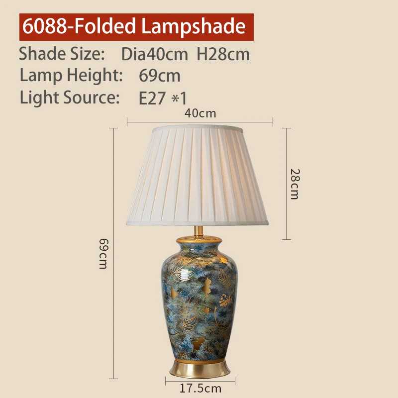 6088-Folded Медная настольная лампа, прикроватная лампа, Цзиндэчжэнь, керамическая лампа, роскошные настольные лампы для гостиной, декорированные спальни, светодиодные лампы - Цвет абажура: 6088-Folded
