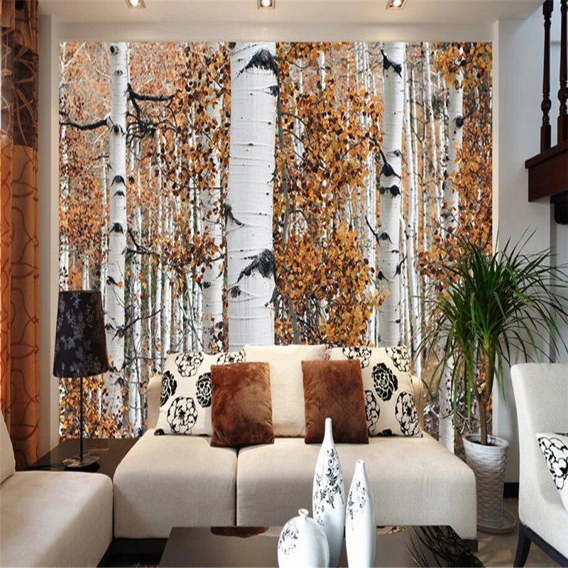 Фотообои на заказ 3 d обои из березового леса для дивана ТВ установка стены в