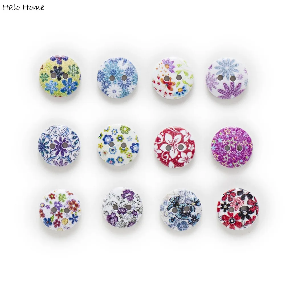 

50pcs 2 Hole Printing Flowers Round Wood Buttons Home Clothing Decor Sewing Scrapbooking Card Making DIY 15mm