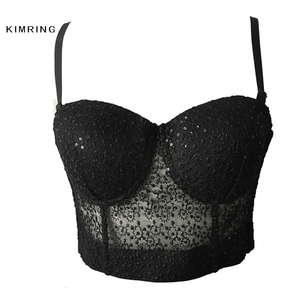 Black 3 Kimring, сексуальный летний бюстгальтер, укороченный топ, корсеты и бюстье, черное цветочное кружево, прозрачное бюстье, бюстгальтер, сексуальная клубная одежда, бюстье на косточках - Цвет: Black 3