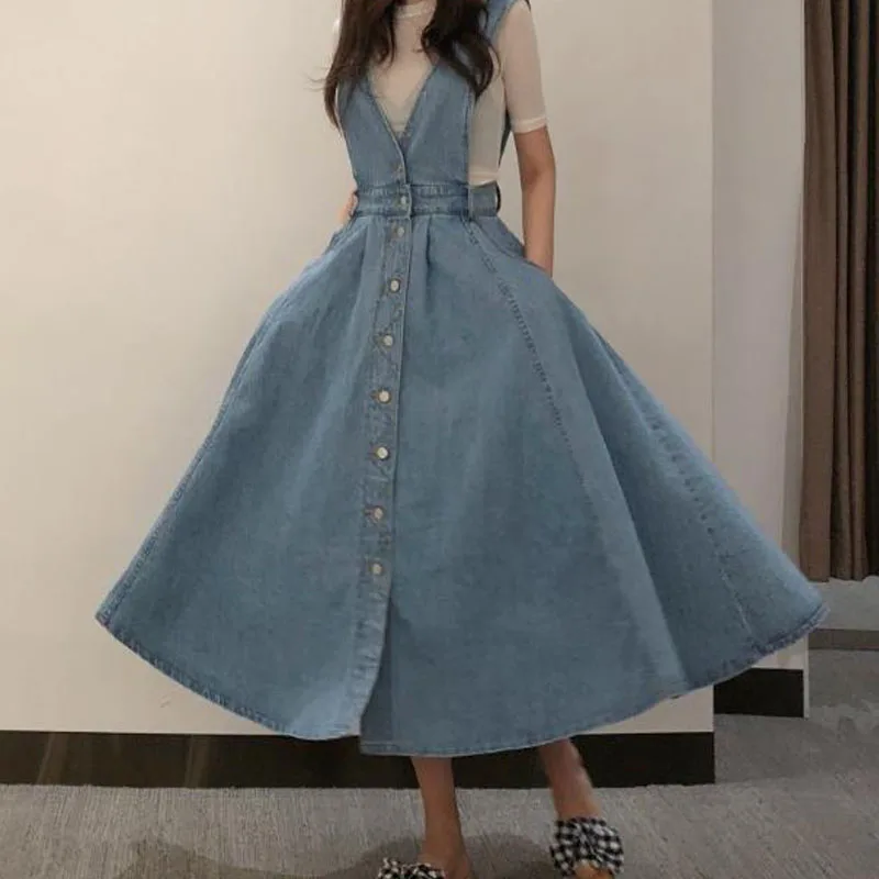LISM корейское длинное ТРАПЕЦИЕВИДНОЕ женское джинсовое платье Vestido с глубоким v-образным вырезом на одной пуговице, джинсовые комбинезоны с высокой талией, летнее платье с открытой спиной