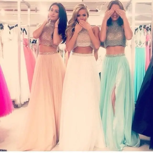 

Custom Made sparkly beading Two Piece prom dresses high neck tulle Vestido de festa party dress P301