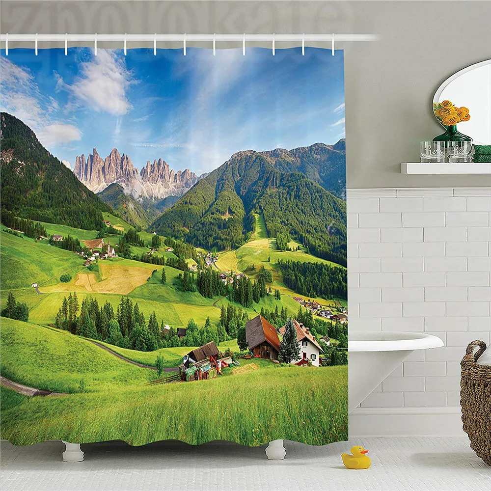Nature Landscape Decor Shower Curtain Set Alps in The Spring With Fresh Grass Sky And Majestic Mountains Mage Art Bathro | Дом и сад