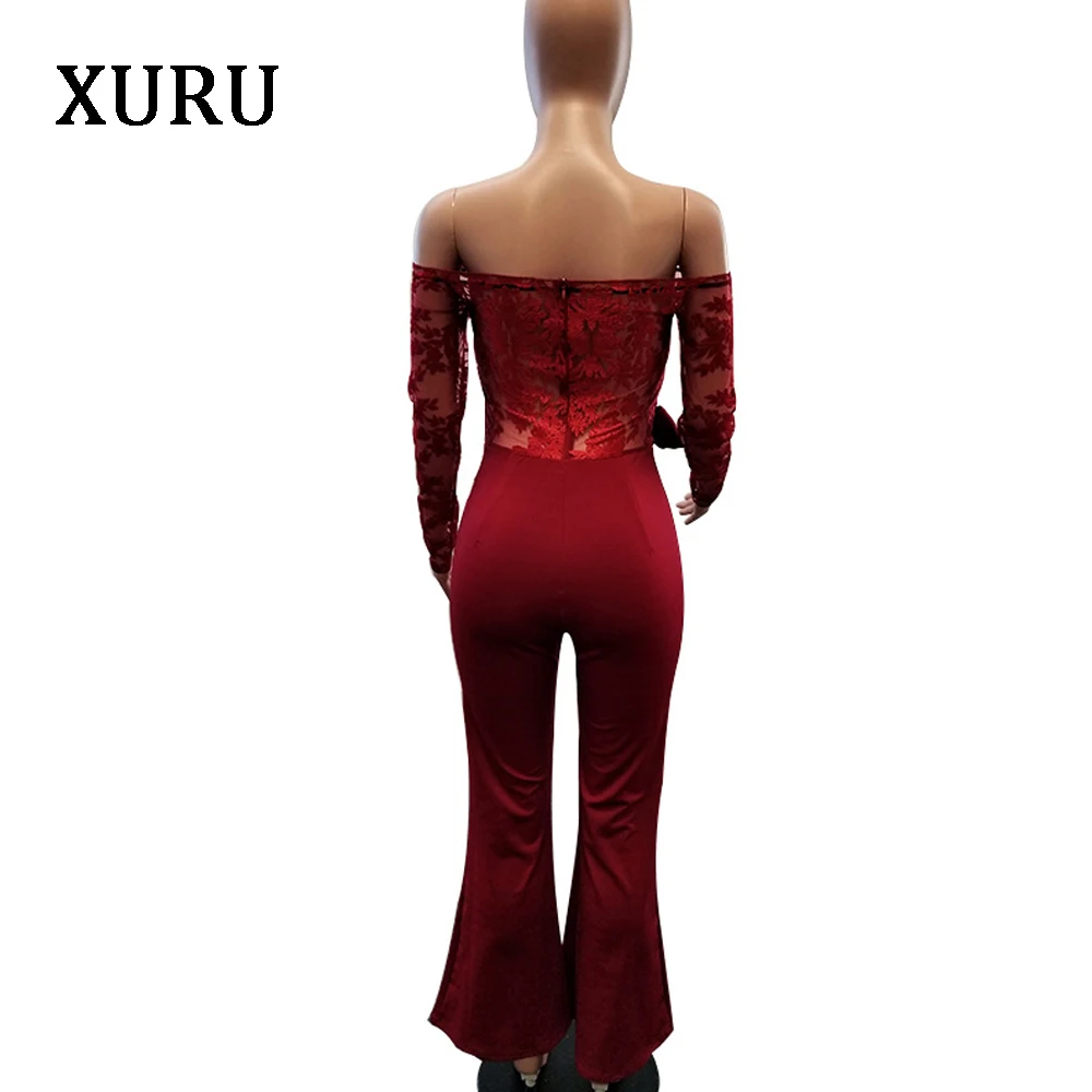 

XURU Embroidered Lace Sexy Jumpsuits Slash Neck Strapless Wide Legs Jumpsuit Long Sleeve Backless Women's Jumpsuit