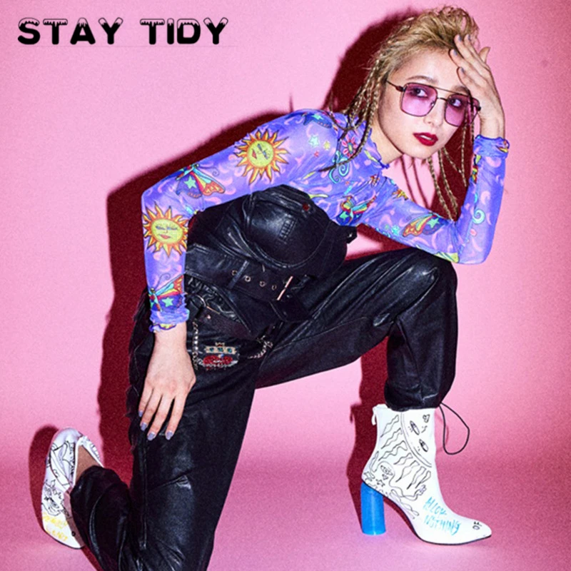 STAY TIDY фиолетовая сетчатая Прозрачная женская толстовка с принтом Футболка 2019