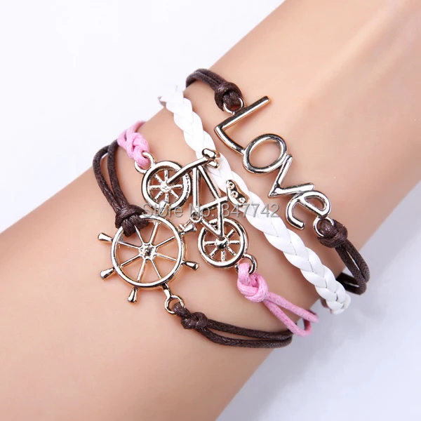 2014 Best gift most fashion infinity love bracelet bike logo wheel leather for woman | Украшения и аксессуары