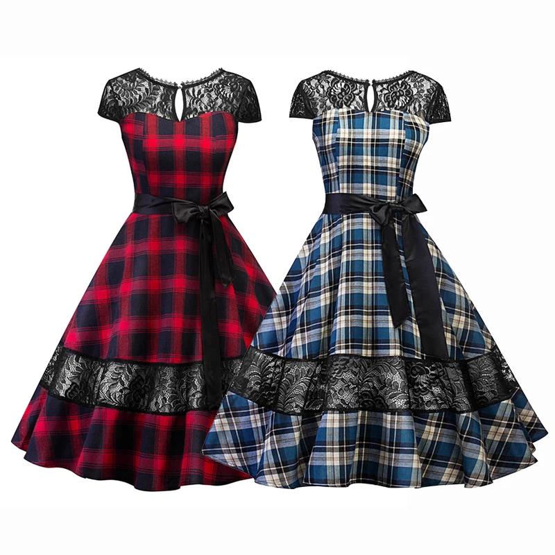 ISHINE Classic England Plaid Pattern Print Women Dress Vintage 50s 60s Retro Rockabilly Robe Party Dresses 2018 Summer Vestidos | Женская