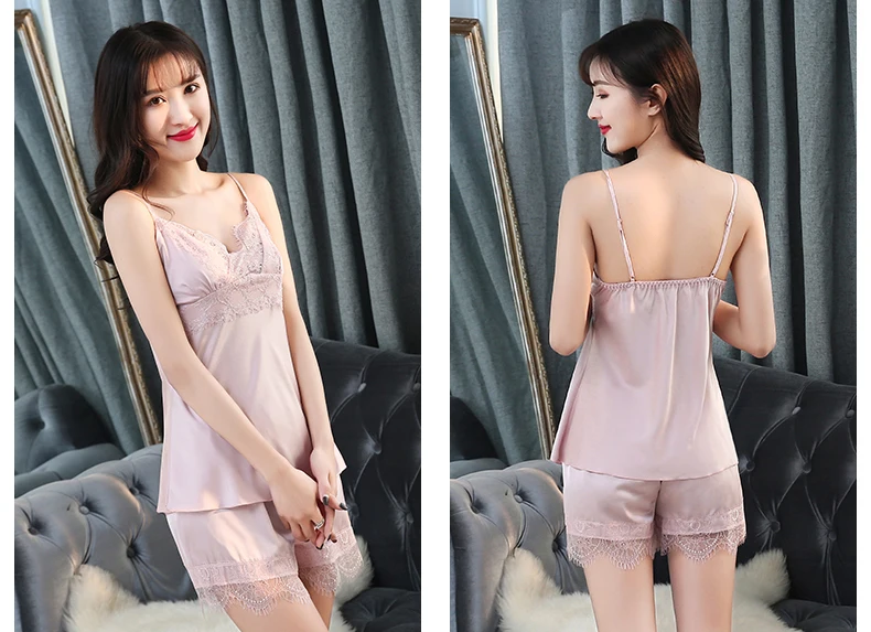 Queenral, шелковые пижамы для женщин, 5 шт. в комплекте, сексуальные кружевные женские атласные пижамы, летняя Пижама, сексуальная женская пижама, пижамы для женщин, нагрудные накладки