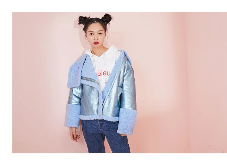 Samstree Moto& Biker Winter Women Short Coat Shiny Fabric Female Jacket Turtleneck Blue Warm Young Lady Coat