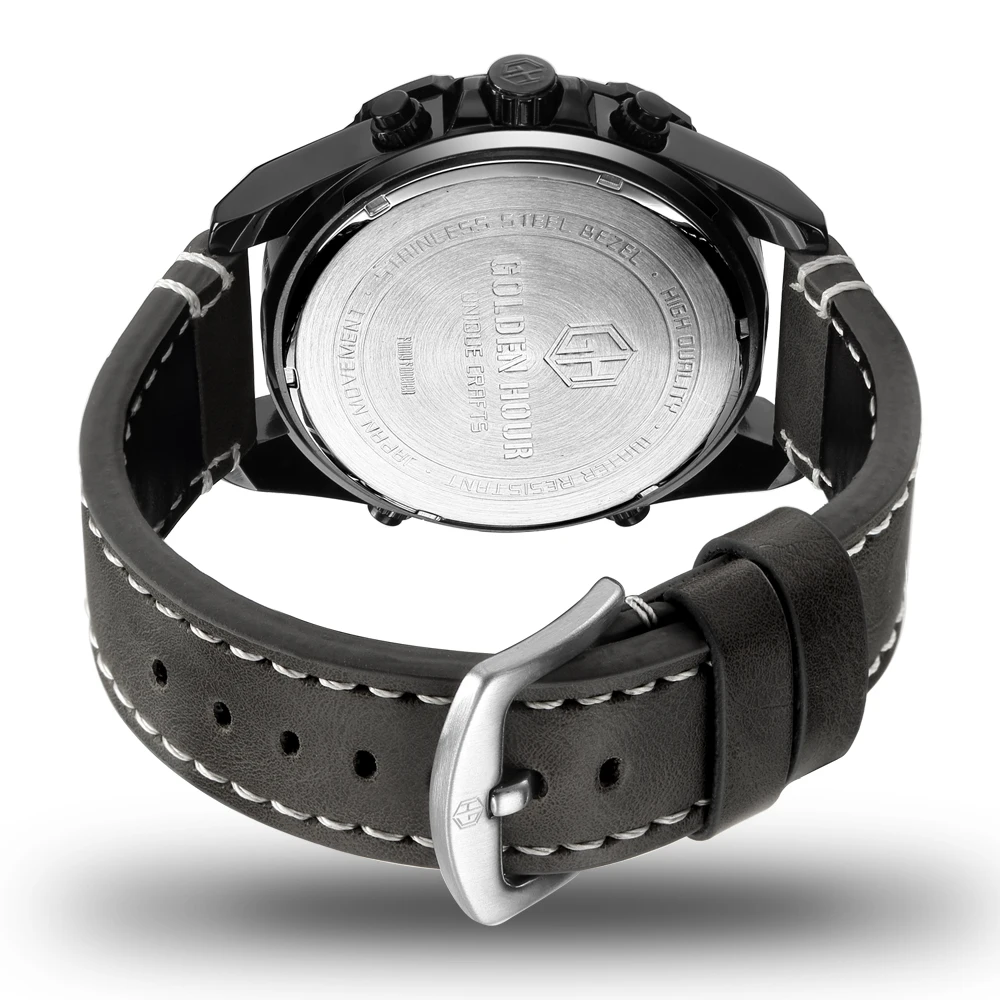 Мужские кварцевые часы Reloj Hombre GOLDENHOUR спортивные в стиле милитари с кожаным