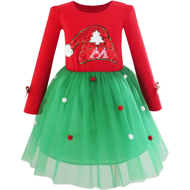 Sunny Fashion платья для девочек новогодние костюмы рождество Санта-Хат Длинный рукав