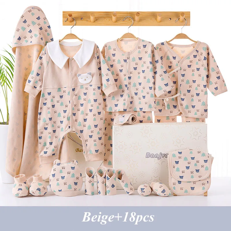 Beige 18pcs Одежда для новорожденных с героями мультфильмов; Подарочный комплект для малышей; хлопковая одежда для новорожденных девочек и мальчиков; Одежда для младенцев; одежда для малышей; комплект для новорожденных без коробки - Цвет: Beige 18pcs