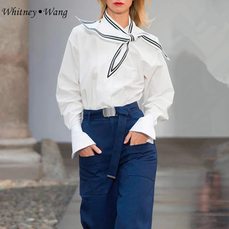 WHITNEY WANG 2018 Осенняя модная уличная полосатая блузка с матросским воротником