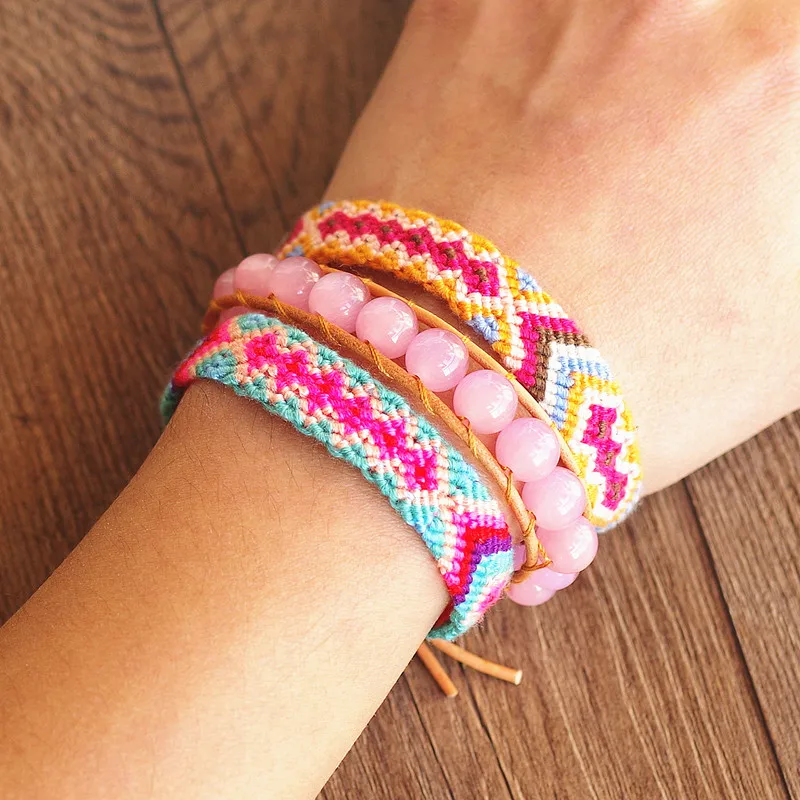 3pcs/set Bohemia Leather Bracelet Set for Women Pink Opal Beaded Strand Charms Boho Party Beach Handmade Jewelry Gift | Украшения и
