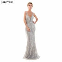 janevini luxury beading sequined mermaid bridesmaid dresses floor length deep v neck backless sexy tulle long prom party gowns