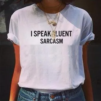 Womens Funny Summer T shirt White Parody I Speak Fluent Sarcasm Fashion American T-shirt Woman Tee Tops Street | Женская одежда