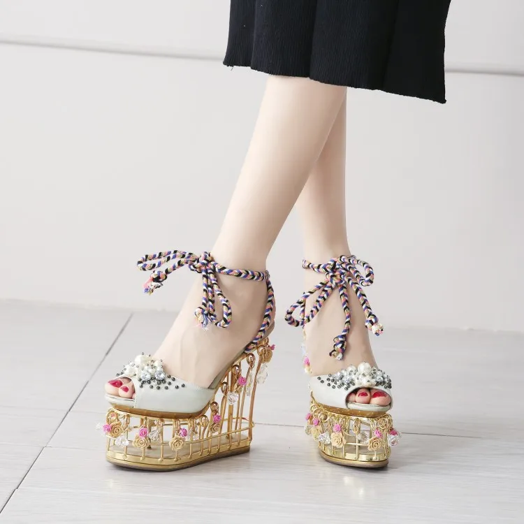Оригинальные Новые женские босоножки модные туфли с открытым носом на высоком каблуке сандалии на танкетке лампа "Цветы" зеленый Дамская обувь женская обувь; американский размер 4–9