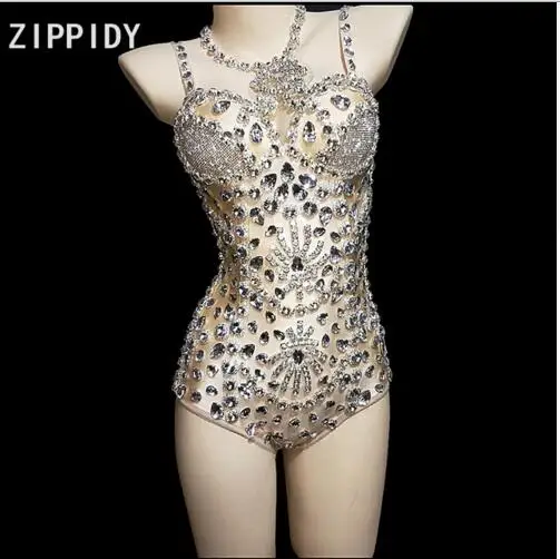 

New design Silver Rhinestones Big Stones Birthday Celebrate Evening Outfit Nightclub Women Singer Dancer Show Clothes