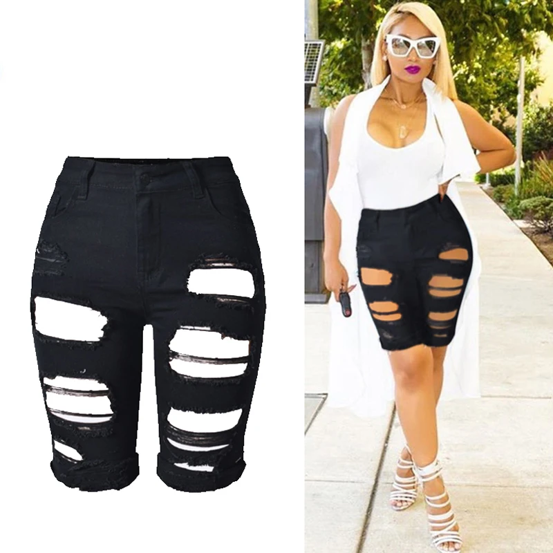 2020 Модные узкие брюки с завышенной талией рваные джинсы для женщин Капри шорты